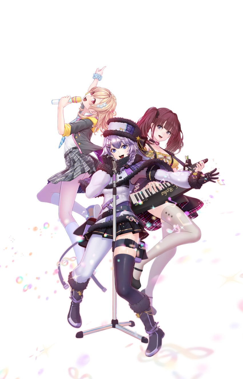 3girls absurdres akira_ray akira_ray_(1st_costume) bad_id bad_pixiv_id black_skirt blazer blonde_hair blue_eyes blue_hair braid brown_hair capelet commission detached_sleeves floating frilled_shirt frills fur_hat fur_trim grey_jacket grey_skirt hat head_tilt highres holding holding_microphone hood hoodie instrument jacket keytar korean_commentary lee_roha lee_roha_(1st_costume) long_hair looking_at_viewer medium_hair microphone microphone_stand multiple_girls nijisanji nijisanji_kr nun_bora nun_bora_(1st_costume) off-shoulder_shirt off_shoulder open_mouth purple_eyes purple_hair red_eyes sacra_(padurea) school_uniform shaft_look shirt shirt_tucked_in shoes short_sidetail single_leg_pantyhose single_thighhigh skeb_commission skirt smile sneakers suspenders thigh_strap thighhighs transparent_background twintails ushanka virtual_youtuber white_legwear white_shirt yellow_footwear yellow_hoodie yellow_shirt