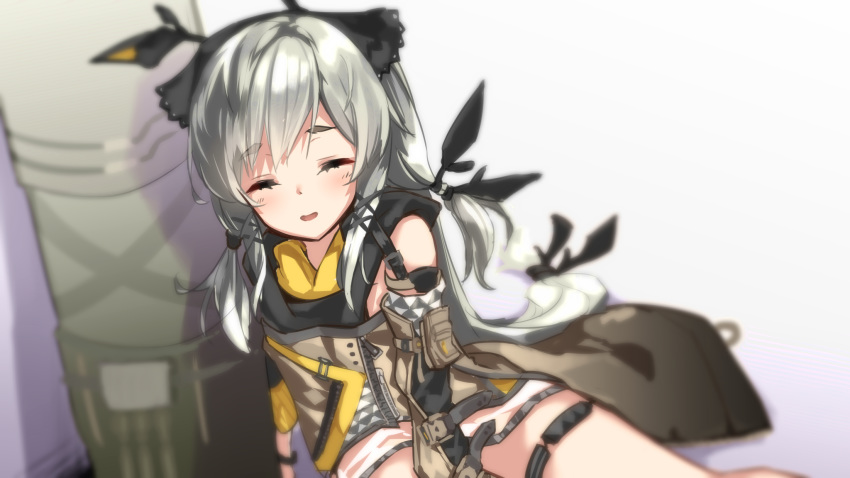 :d arknights bare_legs bare_shoulders black_gloves cannon closed_eyes commentary_request detached_sleeves feet_out_of_frame female gloves grey_hair grey_jacket hellnyaa highres jacket long_hair long_sleeves looking_at_viewer low-tied_long_hair open_mouth red_eyes sidelocks sitting sleeping smile solo thigh_strap thighs very_long_hair weapon weedy_(arknights) white_background yokozuwari