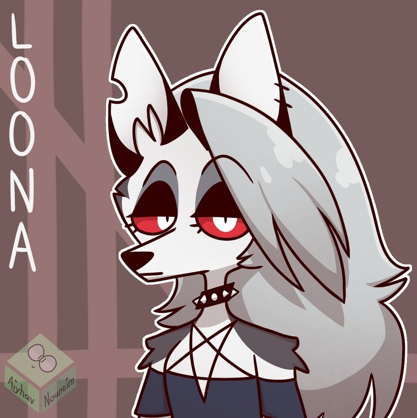 2019 aiyhav_nouneim anthro big_hair biped black_ears canid canid_demon canine canis cel_shading character_name clothing collar demon ear_markings ear_piercing eyelashes eyeshadow female fur fur_markings grey_clothing grey_hair hair hellhound helluva_boss long_hair looking_at_viewer loona_(helluva_boss) makeup mammal markings multicolored_body multicolored_ears multicolored_fur pentagram pentagram_clothing piercing red_sclera shaded signature solo spiked_collar spikes topwear two_tone_body two_tone_ears two_tone_fur white_body white_ears white_eyes white_fur wolf