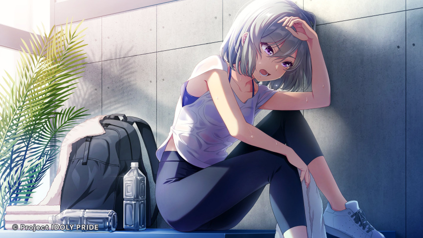 backlighting backpack bag bottle bra_strap collarbone exhausted female grey_hair hand_on_own_head highres idoly_pride kanzaki_rio knees_up looking_down official_art open_mouth pants plant purple_eyes shoes sitting sleeveless sports_bra sweat sweaty_clothes towel water_bottle window