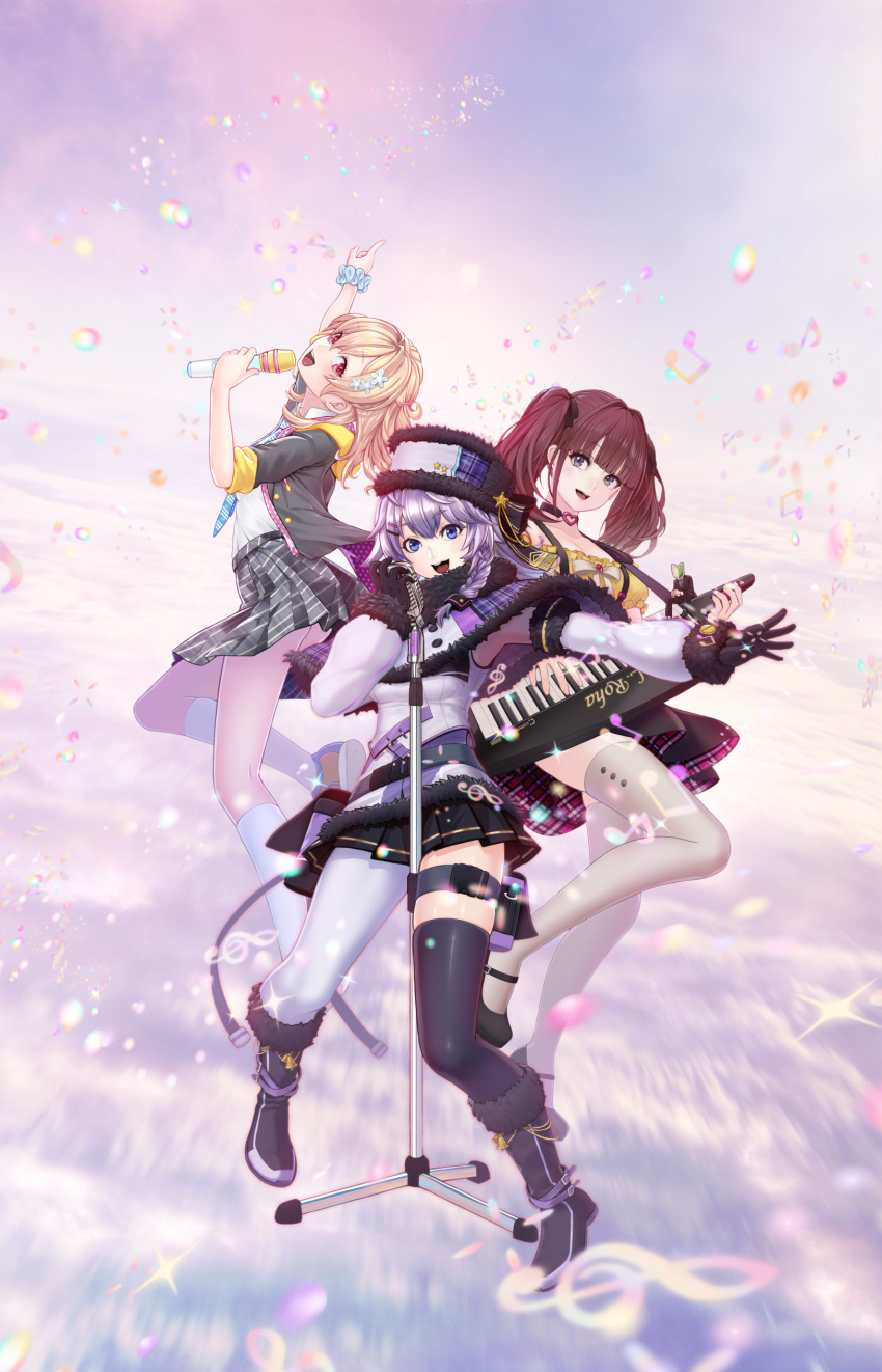 3girls absurdres akira_ray akira_ray_(1st_costume) bad_id bad_pixiv_id black_skirt blazer blonde_hair blue_eyes blue_hair braid brown_hair capelet commission detached_sleeves floating frilled_shirt frills fur_hat fur_trim grey_jacket grey_skirt hat head_tilt highres holding holding_microphone hood hoodie instrument jacket keytar korean_commentary lee_roha lee_roha_(1st_costume) long_hair looking_at_viewer medium_hair microphone microphone_stand multiple_girls nijisanji nijisanji_kr nun_bora nun_bora_(1st_costume) off-shoulder_shirt off_shoulder open_mouth purple_eyes purple_hair red_eyes sacra_(padurea) school_uniform shaft_look shirt shirt_tucked_in shoes short_sidetail single_leg_pantyhose single_thighhigh skeb_commission skirt sky smile sneakers suspenders thigh_strap thighhighs twintails ushanka virtual_youtuber white_legwear white_shirt yellow_footwear yellow_hoodie yellow_shirt