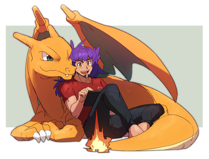 1boy alternate_costume barefoot black_pants charizard dark-skinned_male dark_skin facial_hair fire flame-tipped_tail highres leon_(pokemon) long_hair male_focus morio_(poke_orio) open_mouth pants pokemon pokemon_(creature) pokemon_swsh purple_hair red_shirt shirt short_sleeves sitting smile t-shirt teeth tongue yellow_eyes