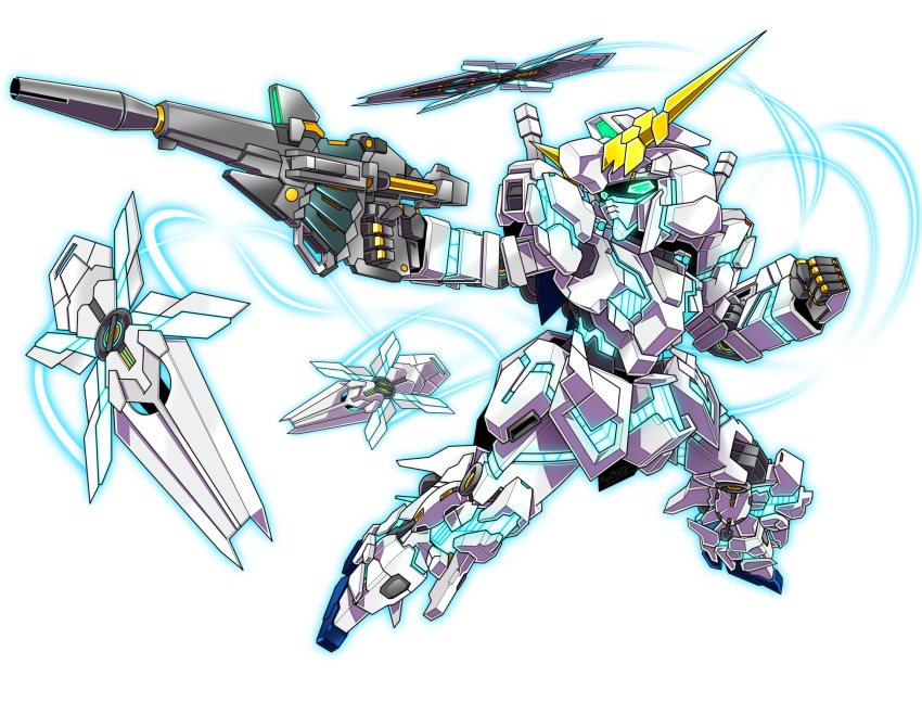 beam_magnum_(gundam) chibi clenched_hand commission funnel funnels_(gundam) glowing glowing_eyes green_eyes gun gundam gundam_unicorn heyzan highres holding holding_gun holding_weapon mecha mobile_suit multiple_shields no_humans nt-d psycho_frame robot science_fiction shield solo unicorn_gundam v-fin weapon white_background