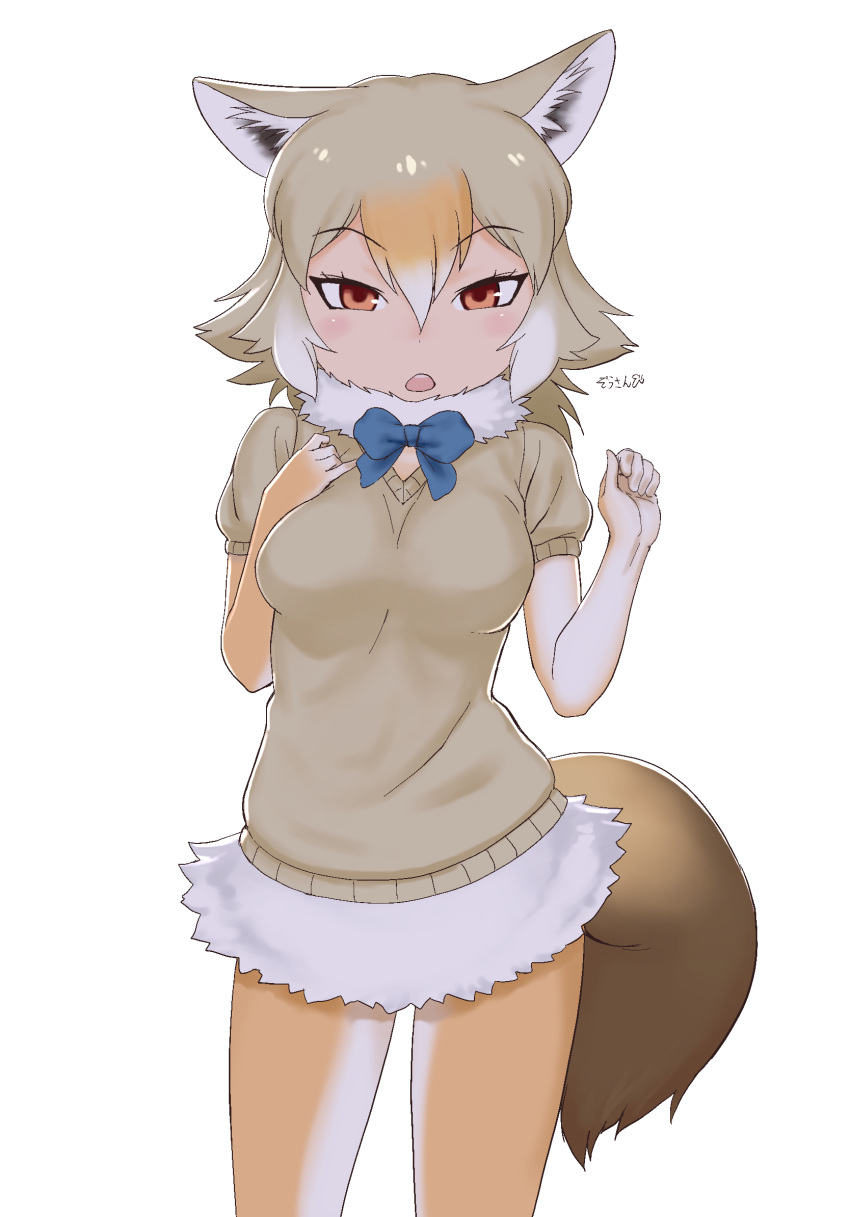 :o animal_ear_fluff animal_ears blue_bow blue_bowtie bow bowtie breasts brown_eyes commentary cowboy_shot elbow_gloves female fur_collar gloves golden_jackal_(kemono_friends) gradient_hair grey_hair hair_between_eyes hand_on_own_chest hands_up highres jackal_ears jackal_tail kemono_friends long_hair looking_at_viewer masuyama_ryou medium_breasts multicolored_hair orange_hair pantyhose short_sleeves simple_background solo tail white_background white_hair