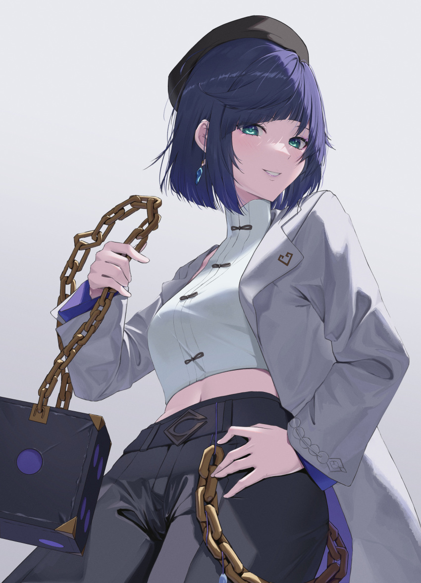 absurdres aqua_eyes bakemonsou beret black_hat black_pants blue_hair chains coat commentary_request cowboy_shot crop_top diagonal_bangs dice earrings female genshin_impact grey_background grey_coat grin hand_on_own_hip hat highres holding holding_chain holding_dice jewelry long_sleeves looking_at_viewer navel official_alternate_costume open_clothes open_coat pants pizza_hut shirt short_hair simple_background smile solo turtleneck white_shirt yelan_(genshin_impact) yelan_(pizza_hut)_(genshin_impact)