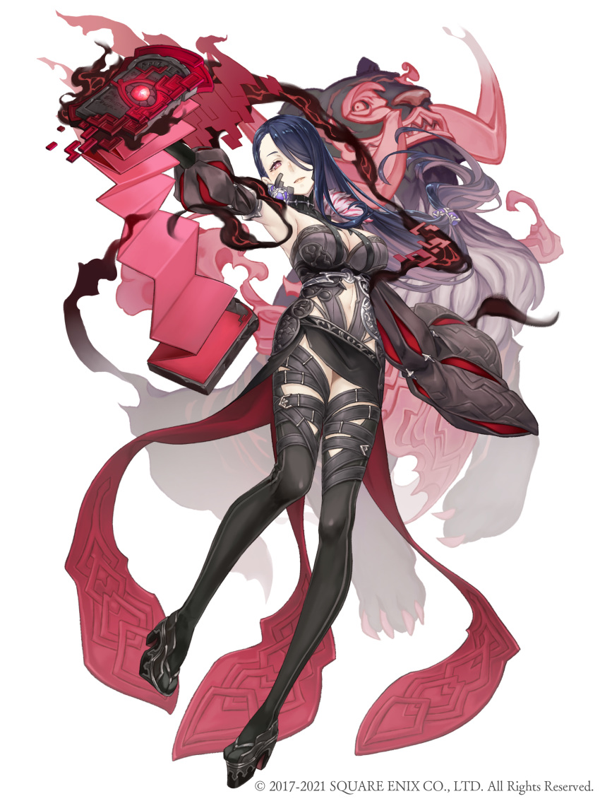 absurdres belt blue_hair book breasts clothing_cutout dark_blue_hair dark_persona earrings empty_eyes female full_body hair_over_one_eye half-nightmare highres jewelry ji_no kaguya_(sinoalice) large_breasts long_hair looking_at_viewer navel_cutout official_art pale_skin parted_lips platform_footwear red_eyes sinoalice solo square_enix tabi thighhighs white_background