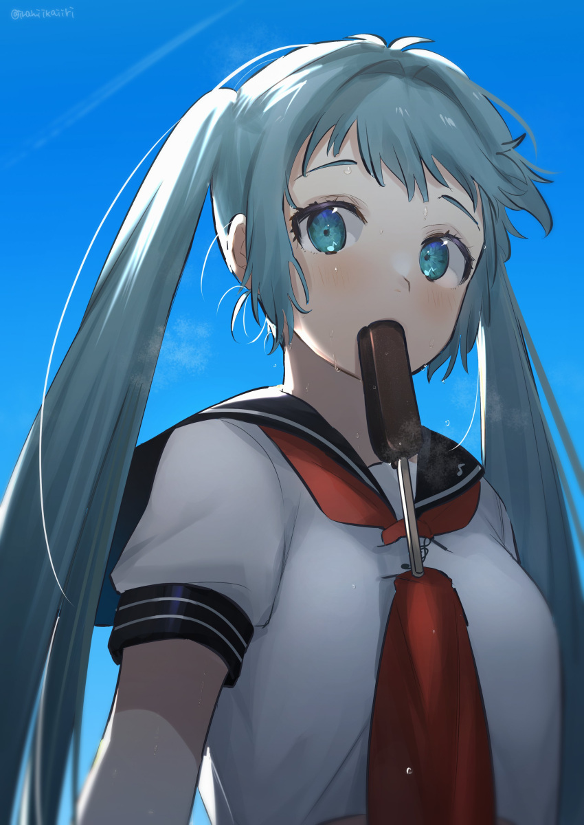 absurdres aqua_eyes aqua_hair blue_sky blush commentary eyelashes female food food_in_mouth hatsune_miku highres iramiikaiiri looking_at_viewer mouth_hold neckerchief no_headgear popsicle red_neckerchief sailor_collar sailor_shirt school_uniform serafuku shirt sky solo summer summer_uniform sweat twintails upper_body vocaloid