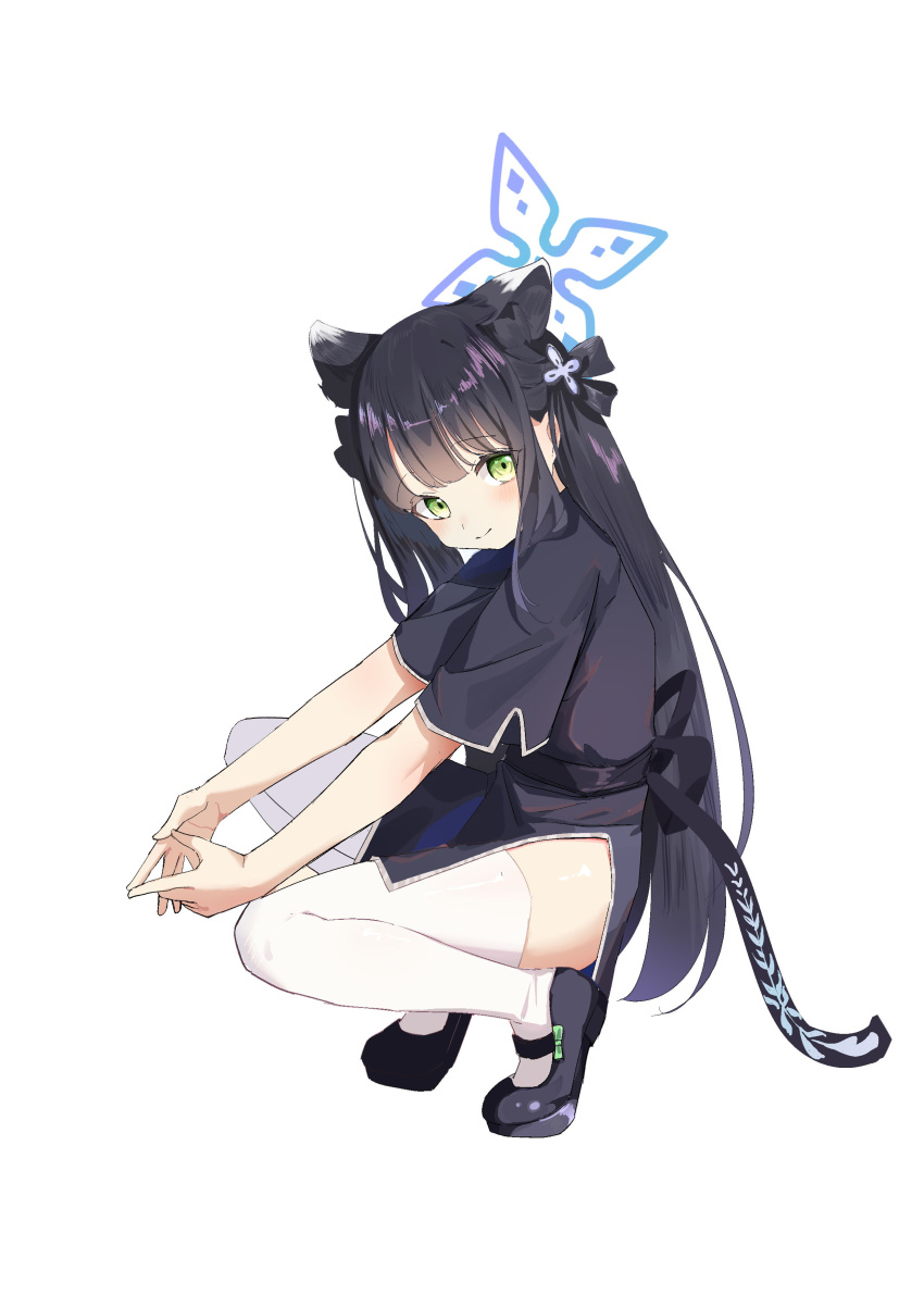 absurdres animal_ear_fluff animal_ears bad_id bad_pixiv_id black_dress black_footwear black_hair blue_archive blunt_bangs china_dress chinese_clothes commentary dress etoile female full_body green_eyes highres long_hair mary_janes own_hands_together shoes short_sleeves shun_(blue_archive) shun_(small)_(blue_archive) simple_background smile solo squatting thighhighs thighs tiger_ears tiger_girl tiptoes twintails white_background white_thighhighs