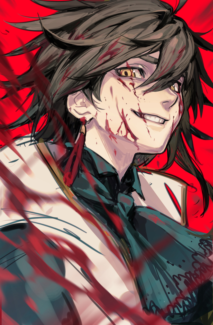 1boy ascot blood blood_in_hair blood_on_clothes blood_on_face blood_splatter brown_hair dito_(drag-on_dragoon) drag-on_dragoon drag-on_dragoon_3 earrings evil_grin evil_smile green_ascot grin hair_between_eyes highres jewelry looking_at_viewer male_focus neekosiah red_background short_hair smile solo teeth upper_body yellow_eyes