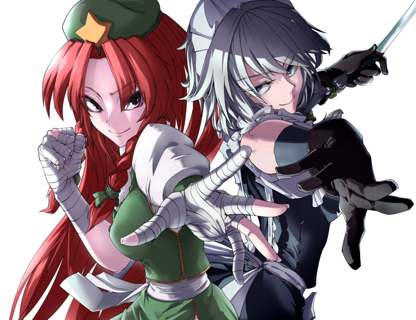 2girls apron back-to-back bandages black_gloves blue_dress blue_eyes braid breasts chinese_clothes dress eyes_visible_through_hair gloves green_skirt green_vest grey_hair hair_between_eyes hair_ribbon hat_ornament highres holding holding_knife hong_meiling izayoi_sakuya kikoka_(mizuumi) knife large_breasts long_hair looking_at_viewer maid_apron maid_headdress multiple_girls red_eyes red_hair ribbon sash short_hair skirt smile star_(symbol) star_hat_ornament touhou tress_ribbon twin_braids vest