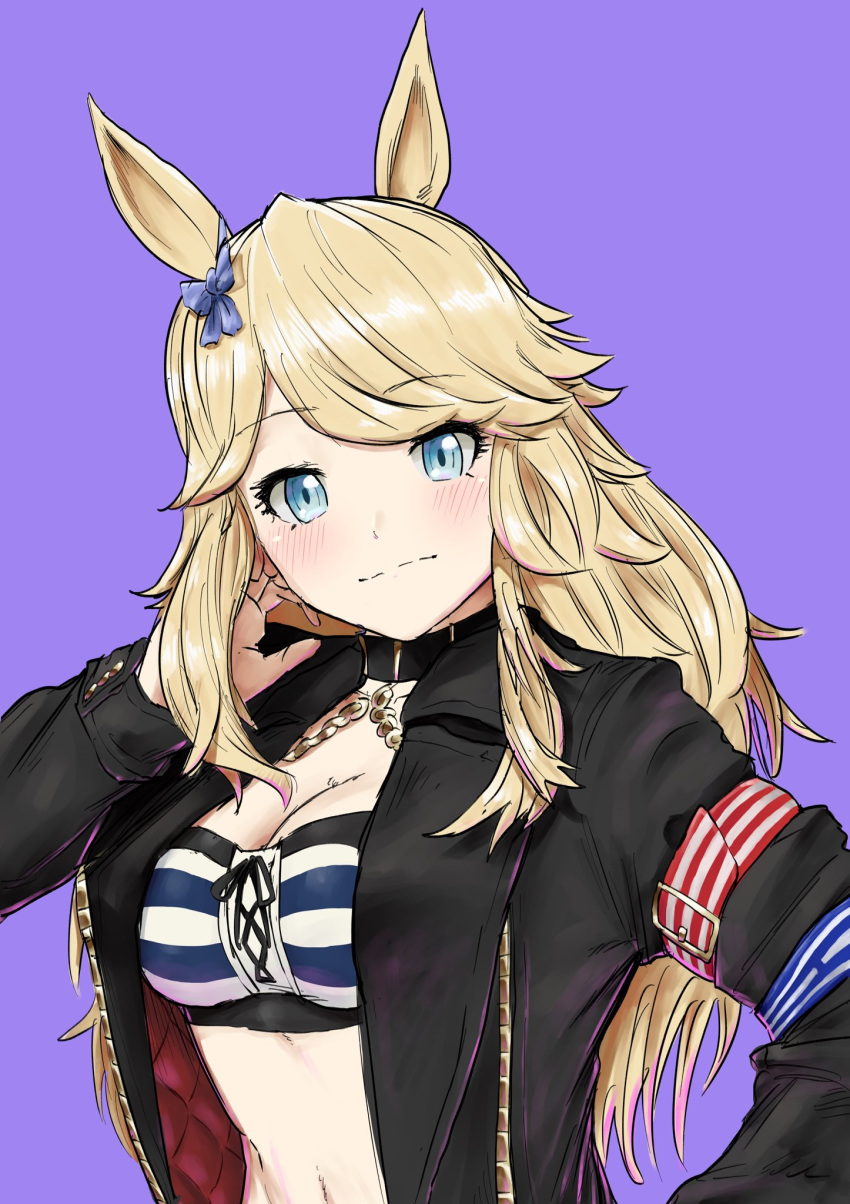 amik0824 animal_ears armband bandeau black_jacket blonde_hair blue_eyes blush bow breasts cleavage closed_mouth collar ear_bow female gold_city_(umamusume) hand_in_own_hair hand_up highres horse_ears jacket long_hair long_sleeves looking_at_viewer navel open_clothes open_jacket purple_background simple_background small_breasts solo umamusume upper_body