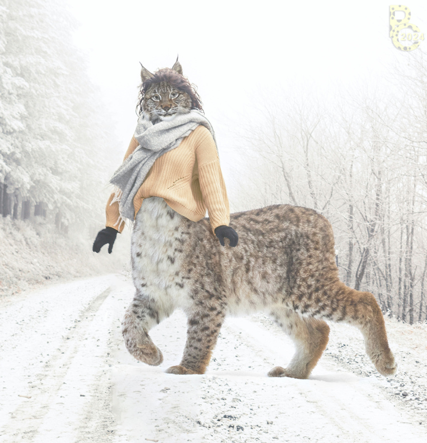 2024 bottomless bottomless_female bottomless_taur clothed clothing countershade_face countershade_fur countershade_torso countershading curled_hair dirt_road felid felid_taur feline feline_taur female fluffy fur gloves hair handwear hi_res looking_at_viewer lynx lynx_taur mammal mammal_taur markings outside photo_manipulation plant pythos_cheetah road scarf snow snowing solo spots spotted_body spotted_fur sweater taur topwear topwear_only tree walking whiskers