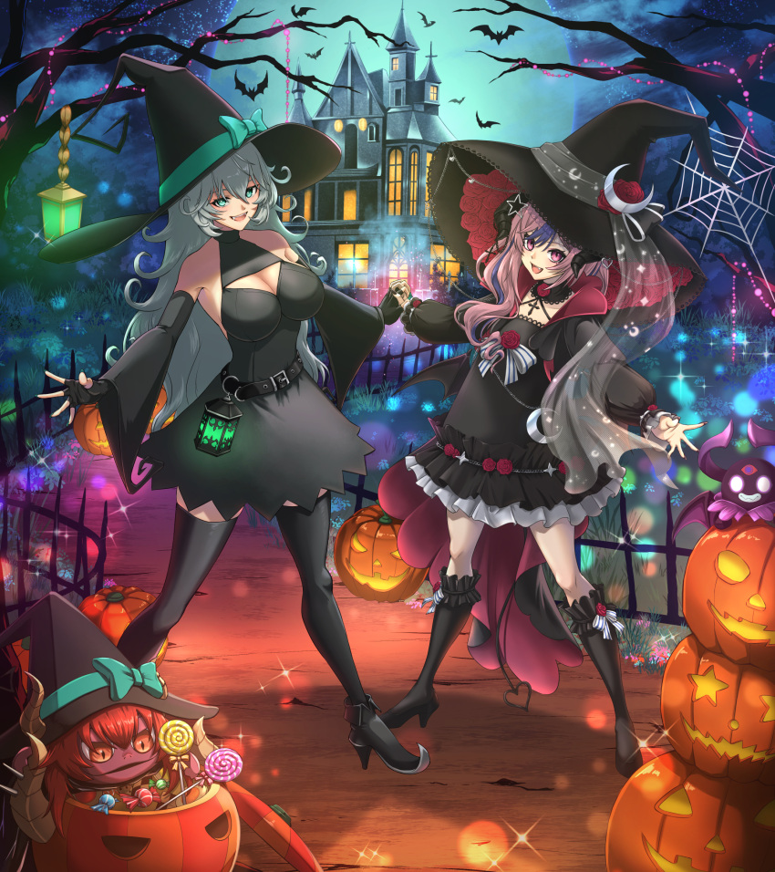 2girls ankle_boots aqua_eyes belt black_choker black_dress black_footwear black_gloves black_hat black_nails black_sleeves black_thighhighs boots breasts bubi_(ironmouse) castle chiga_akira choker cleavage cleavage_cutout clothing_cutout curly_hair detached_sleeves dress fingerless_gloves frilled_dress frills gecko_zen gloves grey_hair halloween hat highres holding_hands ironmouse ironmouse_(witch) jack-o'-lantern large_breasts looking_at_viewer multiple_girls oerba_yun_fang open_mouth pink_hair purple_hair purple_nails sleeveless sleeveless_dress smile thigh_belt thigh_strap thighhighs vshojo witch_hat zentreya zentreya_(witch)