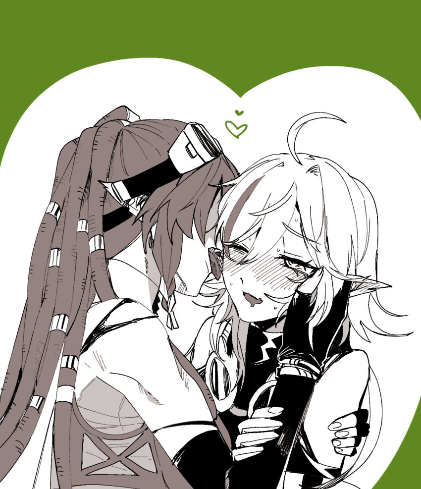 2girls arknights ban_syou blush commentary dreadlocks ear_blush elbow_gloves fingerless_gloves gavial_(arknights) gavial_the_invincible_(arknights) gloves goggles green_background greyscale greyscale_with_colored_background heart highres holding_another's_wrist licking licking_ear long_hair monochrome multicolored_hair multiple_girls one_eye_closed open_mouth pointy_ears ponytail streaked_hair sweat tomimi_(arknights) upper_body white_background yuri