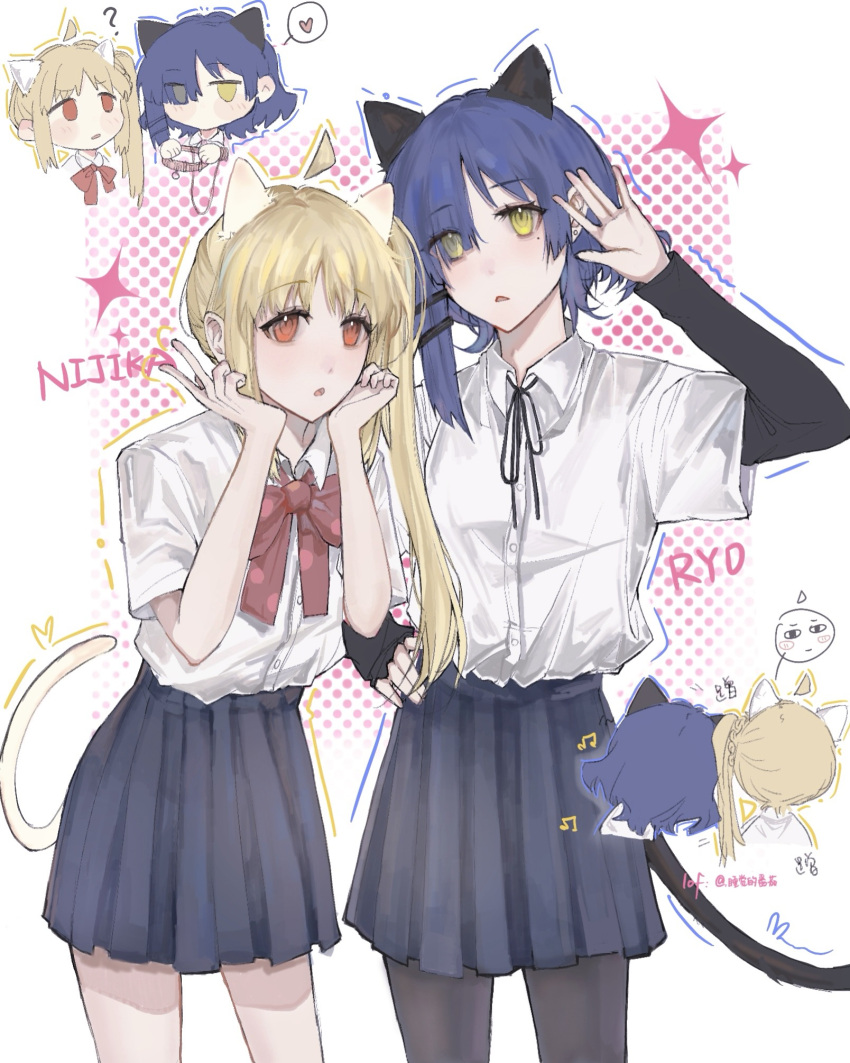 2girls ? ahoge animal_collar animal_ears artist_name bare_arms black_pantyhose black_ribbon black_sleeves blonde_hair blue_hair blue_outline blue_skirt bocchi_the_rock! bow bowtie buttons cat_ears cat_girl cat_tail character_name chibi collar collared_shirt cowboy_shot cropped_torso detached_ahoge dress_shirt earrings expressionless eyelashes eyes_visible_through_hair fingernails from_behind hair_over_one_eye hair_ribbon hand_on_own_head hand_on_own_hip hands_on_own_face heart height_difference highres holding holding_collar ijichi_nijika jewelry kemonomimi_mode layered_sleeves leaning_on_person light_blush light_frown long_hair long_sleeves looking_at_viewer miniskirt mole mole_under_eye multiple_girls multiple_views musical_note neck_ribbon orange_eyes outline pantyhose parted_lips pink_collar pleated_skirt polka_dot_bowtie qiuzijiang red_bow red_bowtie ribbon school_uniform shimokitazawa_high_school_uniform shirt short_hair_with_long_locks short_over_long_sleeves short_sleeves side_ponytail single_sidelock skirt sleeves_past_wrists sparkle spoken_heart standing stud_earrings tail tress_ribbon white_background white_shirt yamada_ryo yellow_eyes yellow_outline yuri