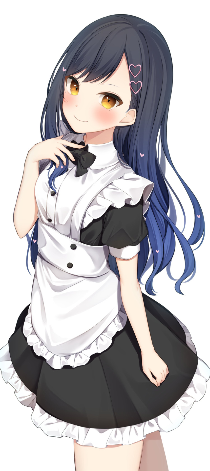 absurdres apron black_bow black_bowtie black_dress black_hair blue_hair blush bow bowtie brown_eyes closed_mouth collared_dress dress female frilled_apron frilled_dress frills gradient_hair hair_ornament hairclip hanasaki_rin hand_up heart heart_hair_ornament highres long_hair looking_at_viewer maid maid_apron multicolored_hair project_sekai puffy_short_sleeves puffy_sleeves shiraishi_an short_sleeves simple_background smile solo very_long_hair white_apron white_background