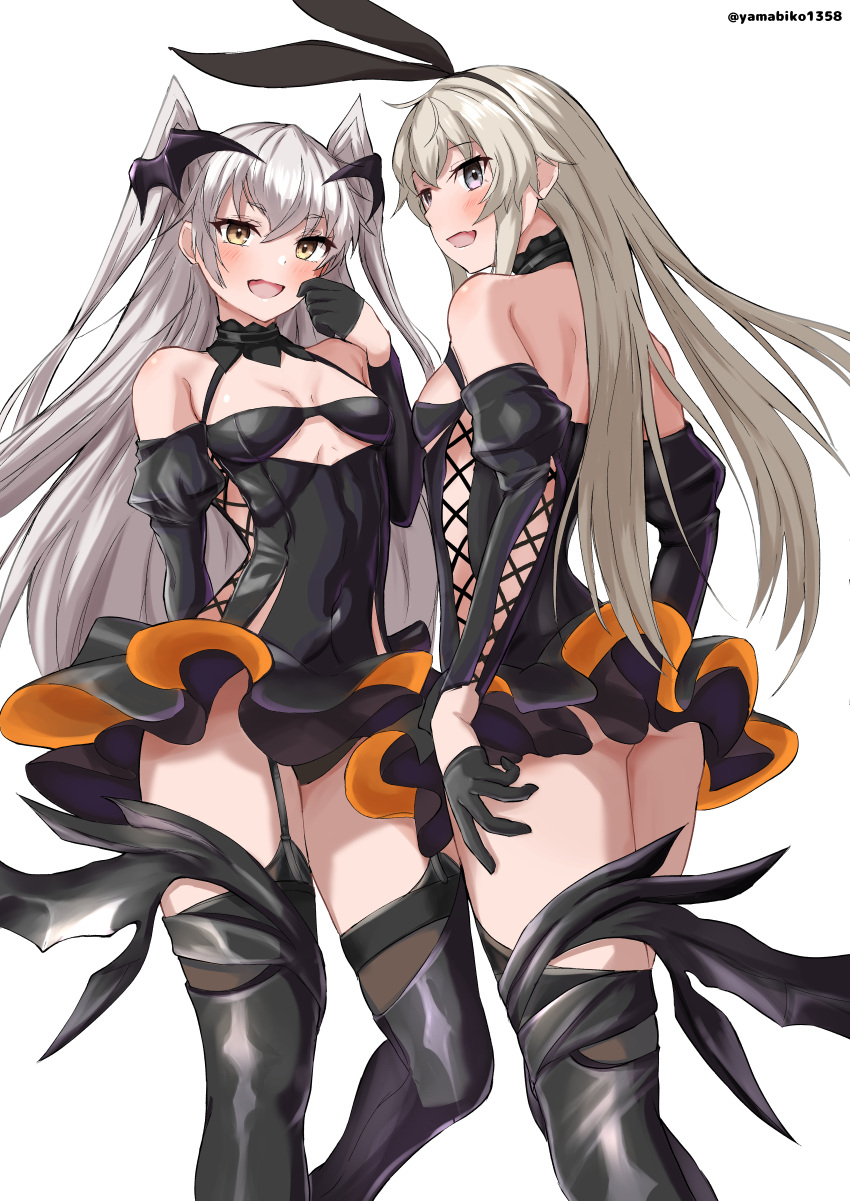 2girls absurdres amatsukaze_(kancolle) black_dress boots breasts brown_eyes clothing_cutout commentary_request cosplay cross-laced_clothes cross-laced_cutout dress fake_wings feet_out_of_frame garter_straps grey_hair halloween_costume highres johnston_(halloween_mode)_(kancolle) johnston_(kancolle) johnston_(kancolle)_(cosplay) kantai_collection latex latex_boots latex_dress latex_thighhighs mizuki_(uzuki_no_sato) multiple_girls shimakaze_(kancolle) simple_background small_breasts thighhighs two_side_up vampire_costume white_background wings