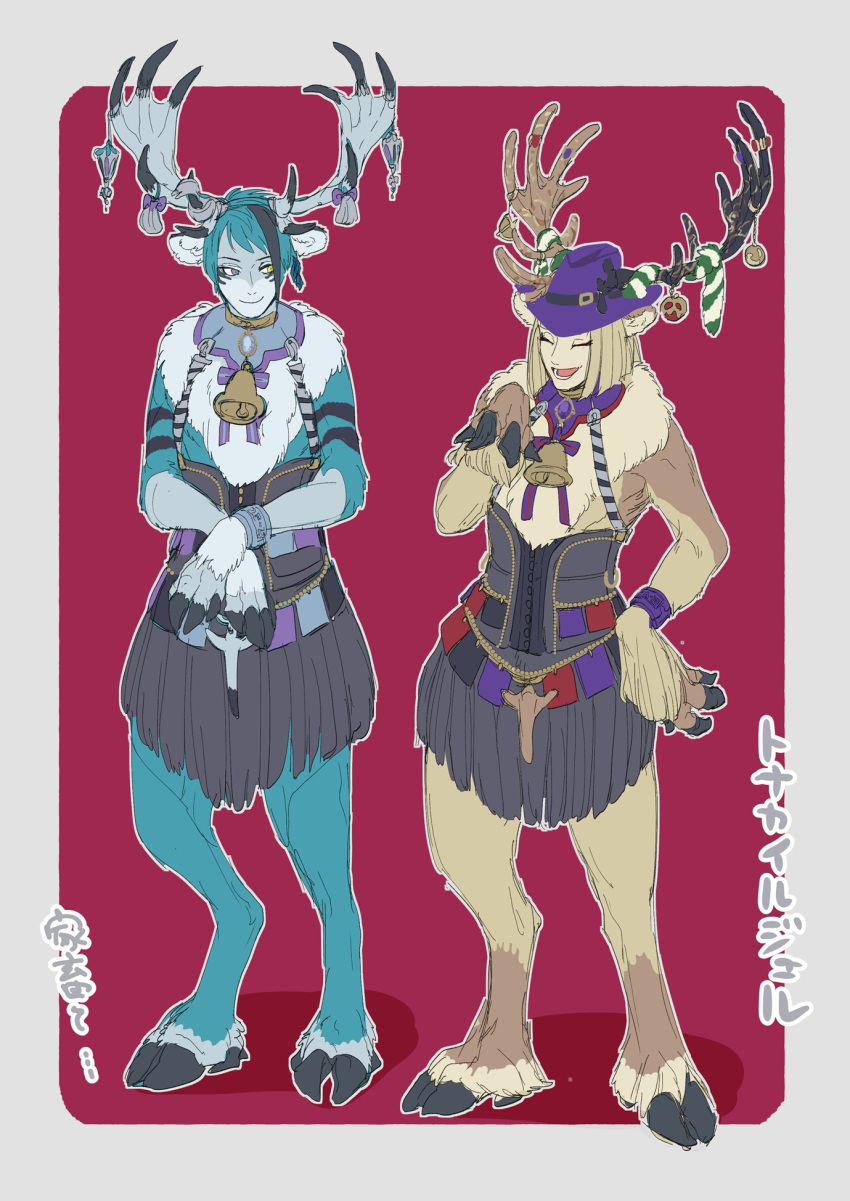 2boys animal_ears animal_feet animal_hands antlers bell black_corset blonde_hair blue_fur blue_hair body_fur brown_fur christmas_ornaments commentary_request corset deer_ears full_body grey_eyes hand_on_own_hip hat heterochromia highres hooves horn_ornament horns jade_leech looking_at_another male_focus monster_boy monsterification multiple_boys neck_bell neck_fur penya red_background reindeer_antlers reindeer_boy rook_hunt short_hair simple_background standing translation_request twisted_wonderland yellow_eyes