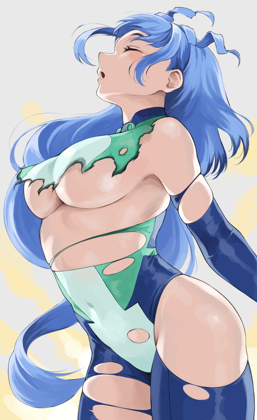 absurdres blue_bodysuit blue_hair bodysuit boku_no_hero_academia breasts closed_eyes drill_hair female fengling_(furin-jp) green_bodysuit hadou_nejire hair_horns highres large_breasts long_hair multicolored_bodysuit multicolored_clothes open_mouth solo torn_bodysuit torn_clothes twin_drills underboob very_long_hair