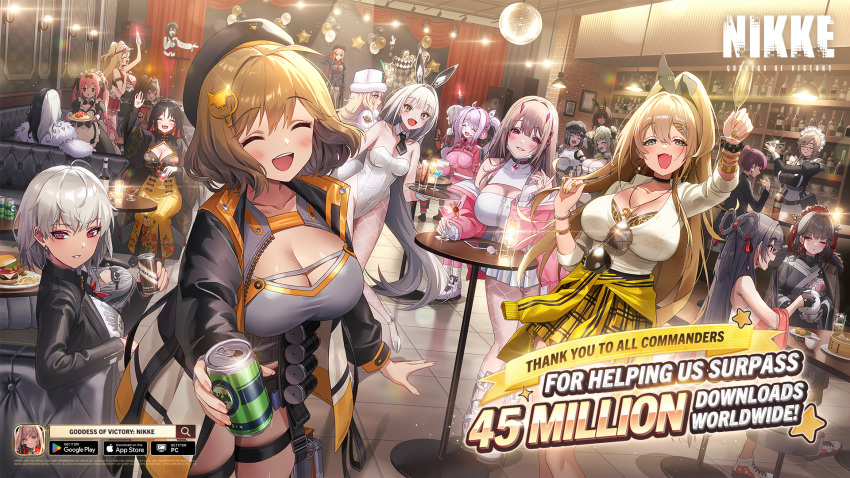 1boy ade_(nikke) animal_ears anis_(nikke) apron artist_request bar_(place) bay_(nikke) beret black_dress black_hair black_jacket blanc_(nikke) blonde_hair breasts brown_eyes brown_hair can clay_(nikke) cleavage closed_eyes closed_mouth clothes_around_waist cocoa_(nikke) couch dolla_(nikke) drake_(nikke) dress drink_can english_commentary goddess_of_victory:_nikke hat highres holding holding_can jacket jacket_around_waist large_breasts long_hair looking_at_another looking_at_viewer ludmilla_(nikke) maid maid_apron maid_headdress milk_(nikke) moran_(nikke) multicolored_hair mustang_(nikke) noir_(nikke) oerba_yun_fang official_art on_couch open_mouth pink_eyes pink_hair ponytail purple_eyes purple_hair rabbit_ears rapi_(nikke) red_eyes rosanna_(nikke) rouge_(nikke) sakura_(nikke) sitting skin_fang skirt soda_(nikke) soda_can split-color_hair standing sugar_(nikke) sunglasses tray viper_(nikke) white_hair yan_(nikke)