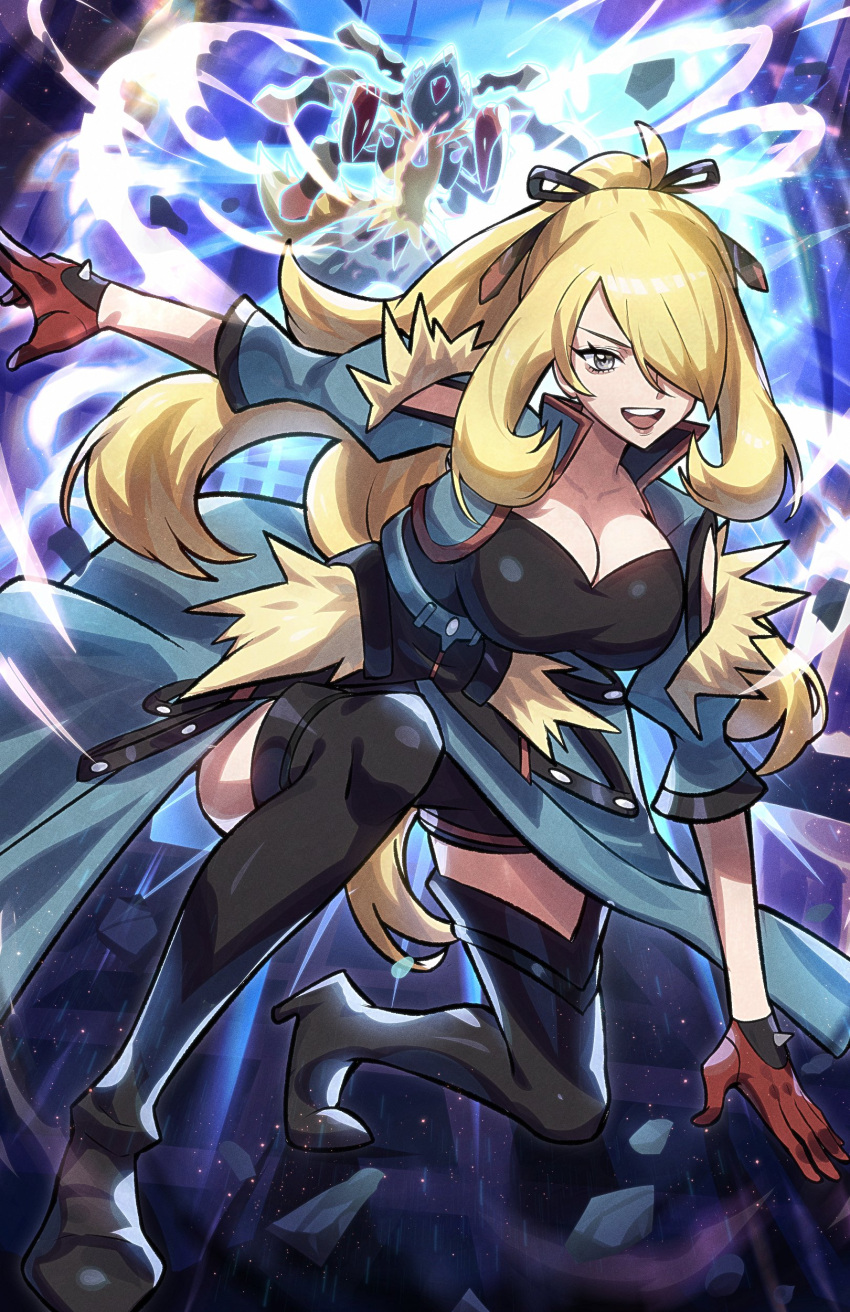 absurdres black_footwear black_shirt black_shorts blonde_hair blue_jacket boots breasts brown_gloves cleavage cynthia_(pokemon) cynthia_(sygna_suit)_(aura)_(pokemon) female gloves grey_eyes high_ponytail highres jacket large_breasts long_hair lucario mega_lucario open_mouth pokemon pokemon_(creature) pokemon_dppt pokemon_masters_ex ryairyai shirt shorts smile solo_focus spiked_gloves thigh_boots upper_body