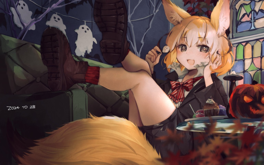 alternate_costume animal_ears black_jacket black_shorts blonde_hair blush boots bow bowtie brown_eyes brown_footwear candy casual collar couch diagonal-striped_bow diagonal-striped_bowtie diagonal-striped_clothes female fennec_(kemono_friends) food fox_ears fox_girl fox_tail frilled_collar frills hair_between_eyes halloween high_collar jack-o'-lantern jacket kemono_friends long_sleeves looking_at_viewer nanana_(nanana_iz) red_bow red_bowtie red_socks shirt short_hair shorts sidelocks sitting socks solo striped_clothes tail two-tone_bow two-tone_bowtie white_bow white_bowtie white_hair white_shirt