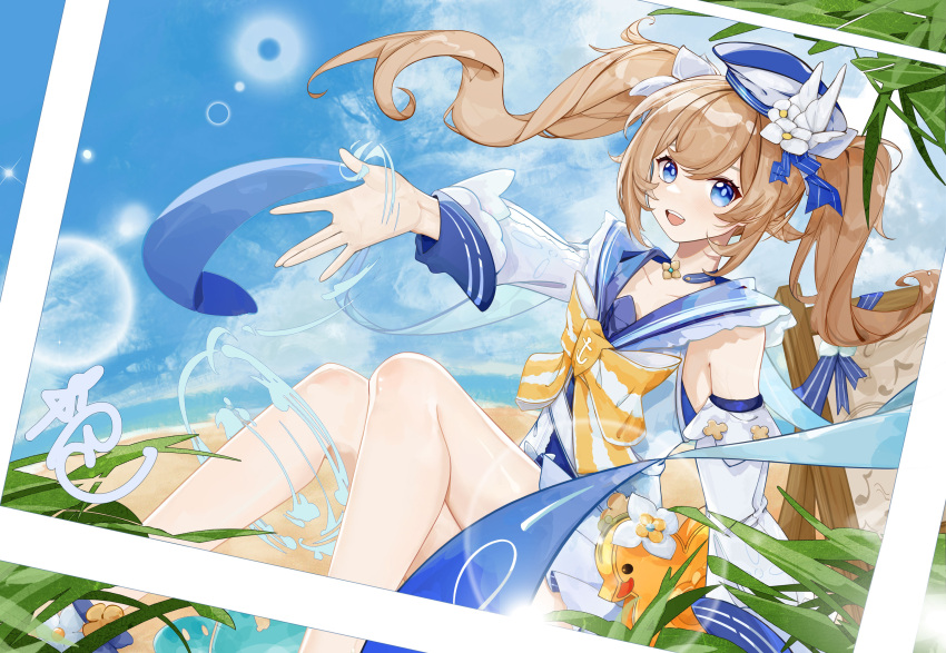 1506352126 :d absurdres barbara_(genshin_impact) barbara_(summertime_sparkle)_(genshin_impact) beach blue_eyes blue_hat blue_one-piece_swimsuit blue_sailor_collar blue_sky bow brown_hair cloud commentary_request detached_sleeves feet_out_of_frame female floating_hair genshin_impact hat highres knees_up long_hair long_sleeves looking_at_viewer one-piece_swimsuit outstretched_arm photo_(object) puffy_long_sleeves puffy_sleeves sailor_collar sand sitting sky smile solo striped_bow swimsuit twintails very_long_hair water white_sleeves yellow_bow