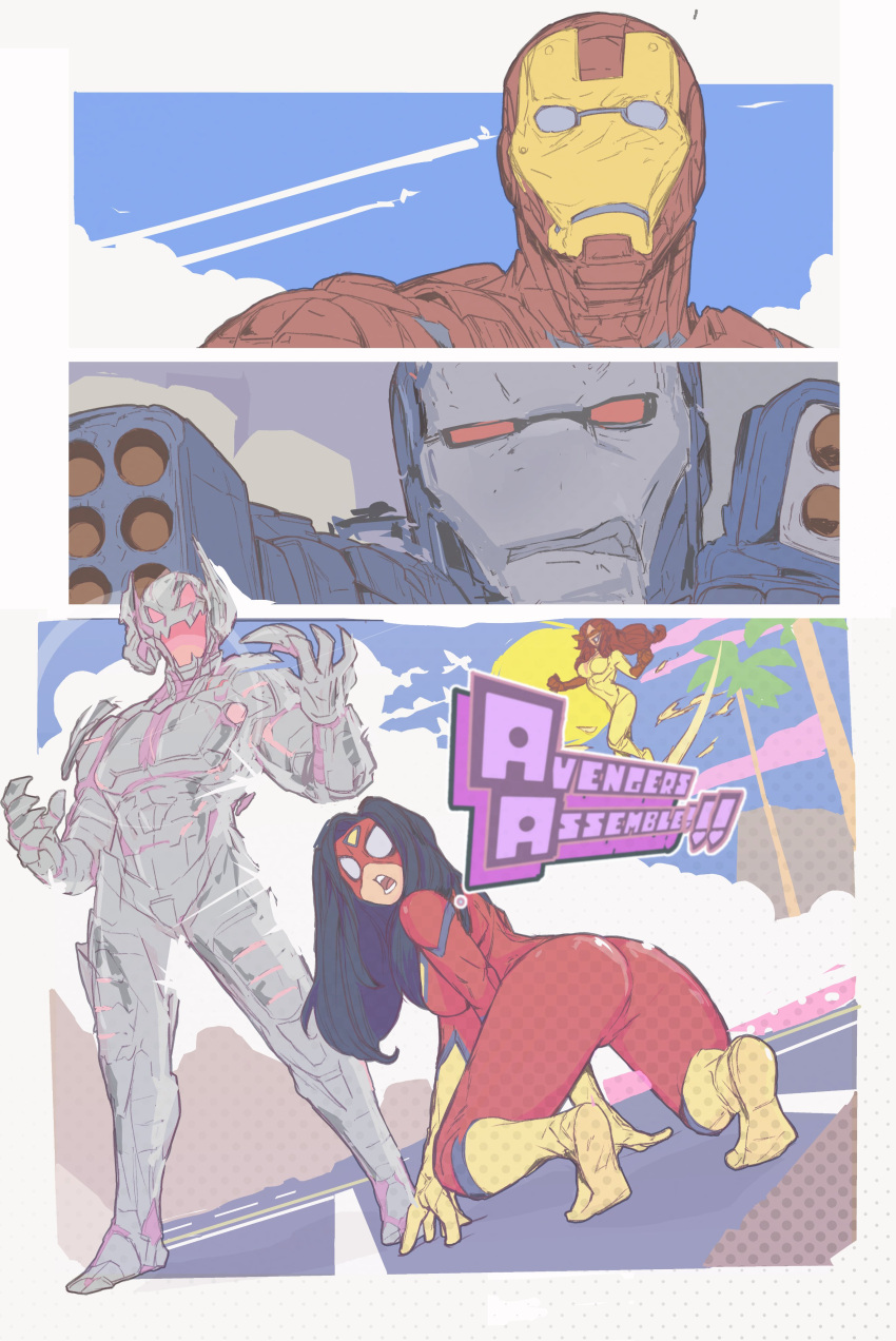 2girls 3boys absurdres animal_print armor ass avengers_(series) black_hair bodysuit breasts grey_armor highres iron_man iron_man_(series) jessica_drew long_hair looking_at_viewer marvel mask michel_teru multicolored_armor multiple_boys multiple_girls power_armor red_armor red_bodysuit spider-man_(series) spider-woman spider_print superhero_costume two-tone_bodysuit ultron war_machine