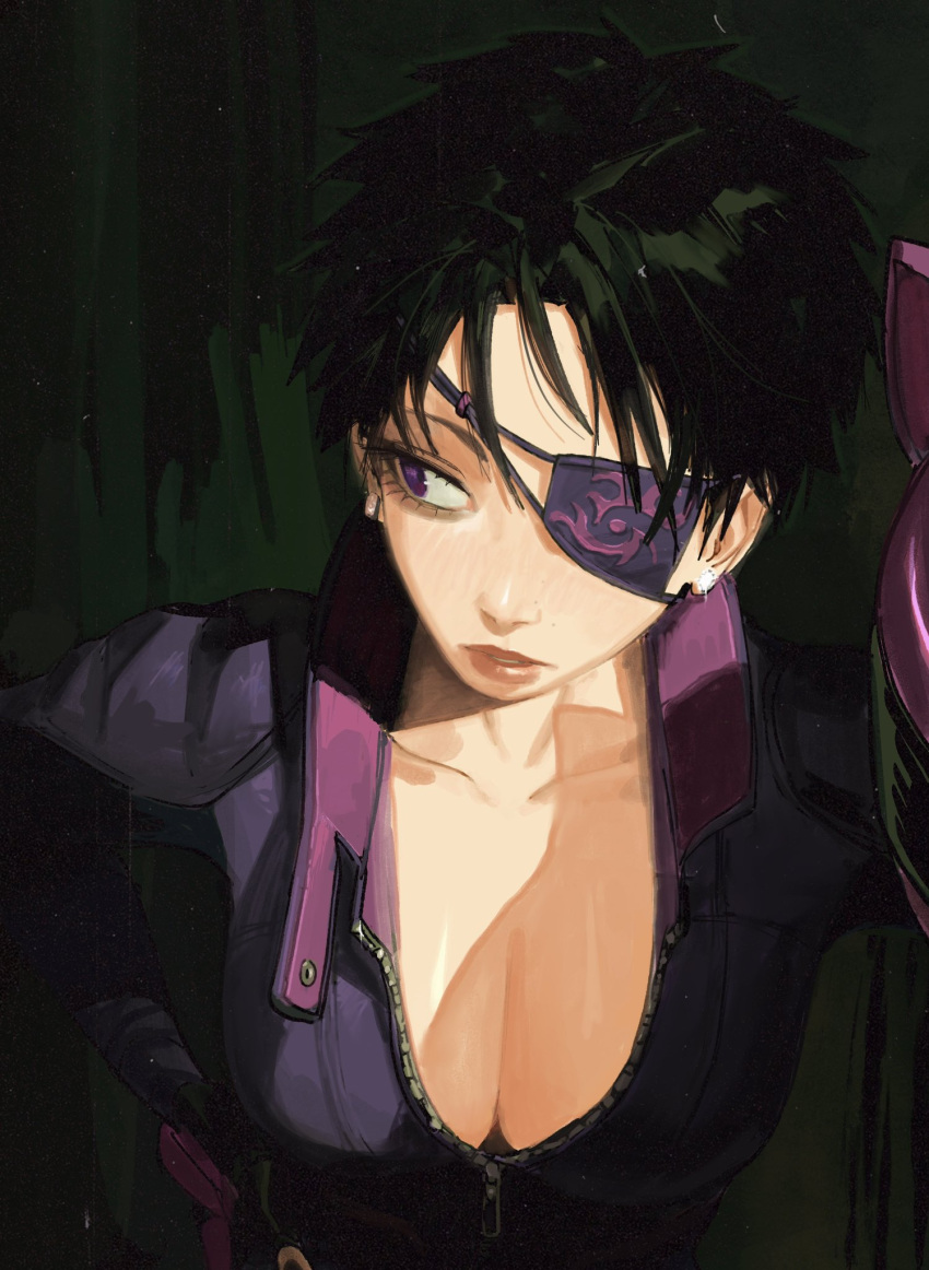 alternate_hair_length alternate_hairstyle biker_clothes bikesuit black_hair bodysuit breasts cleavage close-up collarbone colored_eyepatch earrings edpan eyelashes eyepatch female gem glint hand_on_own_hip hand_up highres jewelry juri_han large_breasts looking_to_the_side parted_lips partially_unzipped purple_bodysuit purple_eyes short_hair solo street_fighter street_fighter_v stud_earrings zipper