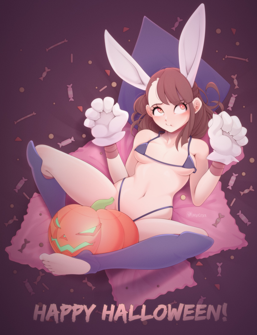 absurdres animal_ears animal_hands bikini boots breasts brown_hair candy extra_ears female food gloves happy_halloween highres jack-o'-lantern kagari_atsuko little_witch_academia long_hair lying micro_bikini mycrys navel on_back paw_gloves pink_eyes purple_bikini purple_footwear rabbit_ears small_breasts solo swimsuit