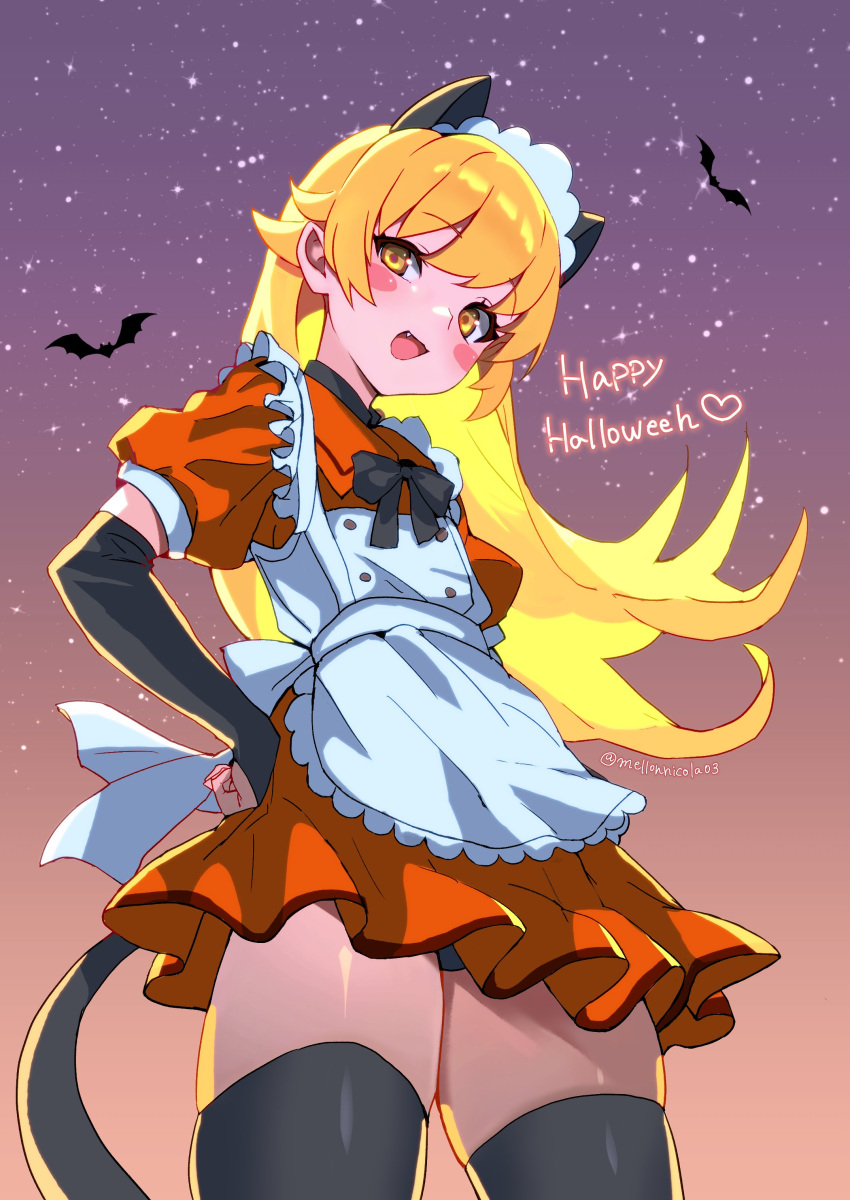 absurdres animal_ears apple_tea_(mellonnicola) apron bat_(animal) black_thighhighs blonde_hair blush blush_stickers breasts dress elbow_gloves female gloves halloween happy_halloween highres long_hair looking_at_viewer maid_headdress monogatari_(series) open_mouth orange_dress oshino_shinobu panties pantyshot small_breasts smile solo tail thighhighs underwear vampire white_apron yellow_eyes