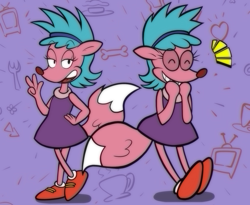 4_fingers anthro blackmore blue_hair canid canine clothed clothing eyelashes female fingers footwear fox hair headgear hi_res laugh mammal nickelodeon pink_body raised_tail rocko's_modern_life sheila_(rocko's_modern_life) shoes solo tail toony