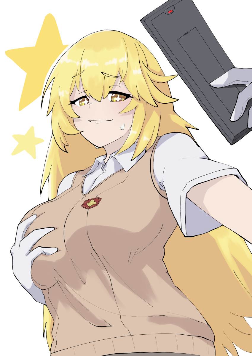 absurdres blonde_hair breasts brown_eyes brown_sweater_vest closed_mouth collared_shirt controller dated_commentary elbow_gloves emblem female gloves grabbing_own_breast hair_between_eyes highres holding holding_remote_control large_breasts long_hair looking_at_viewer nisikan0724 remote_control school_emblem school_uniform shirt shokuhou_misaki short_sleeves smile solo sparkling_eyes star_(symbol) star_symbol_background summer_uniform sweater_vest toaru_kagaku_no_railgun toaru_majutsu_no_index tokiwadai_school_uniform upper_body very_long_hair white_background white_gloves white_shirt