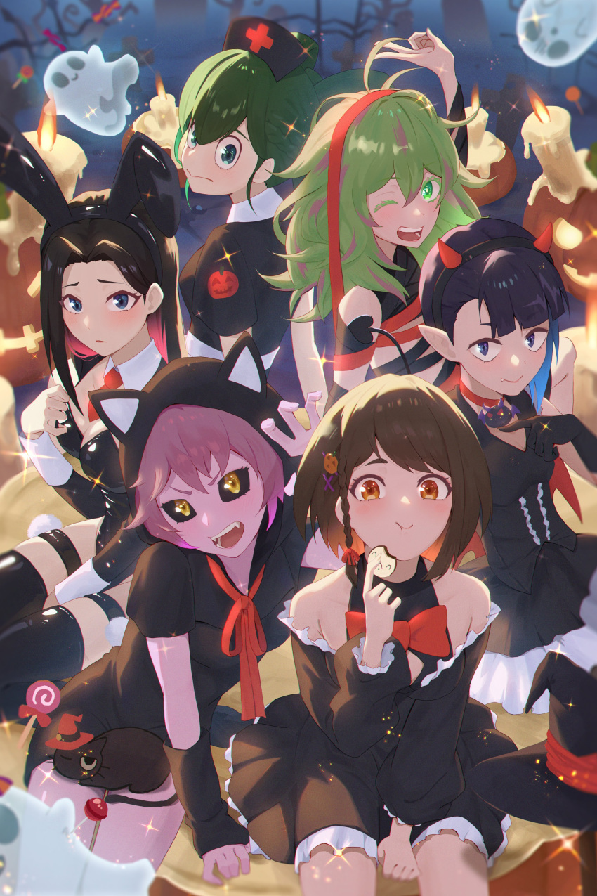 6+girls ;d absurdres animal_ear_hood animal_ears ashido_mina asui_tsuyu black_cat black_dress black_eyes black_gloves black_hair black_leotard black_thighhighs boku_no_hero_academia bow breasts brown_eyes brown_hair candle cat_ears dress eating fake_animal_ears feline fire ghost gloves green_eyes green_hair hagakure_tooru halloween hat highres hood jack-o'-lantern jirou_kyouka latex latex_leotard latex_thighhighs leotard matsumotoshinnnosuke medium_breasts multicolored_hair multiple_girls necktie night nurse nurse_cap oerba_yun_fang one_eye_closed outdoors pink_hair playboy_bunny pointy_ears rabbit_ears red_bow red_necktie red_ribbon ribbon smile thighhighs unusually_visible uraraka_ochako yaoyorozu_momo