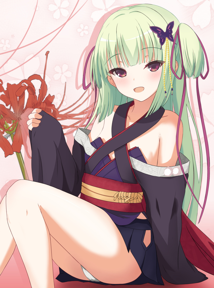 1230_mochi :d absurdres arm_at_side bare_shoulders black_skirt blunt_bangs blunt_ends blush butterfly_hair_ornament commentary criss-cross_halter drop_shadow feet_out_of_frame female green_hair hair_ornament hair_ribbon halterneck hand_up happy highres hime_cut knees_together_feet_apart knees_up long_hair long_ribbon looking_at_viewer miniskirt murasame_(senren) open_mouth panties pink_background pleated_skirt pom_pom_(clothes) purple_ribbon red_eyes red_sash red_spider_lily ribbon sash senren_banka simple_background sitting skirt sleeves_past_wrists smile solo straight_hair thighs tsurime two_side_up underwear very_long_hair white_panties wide_sleeves