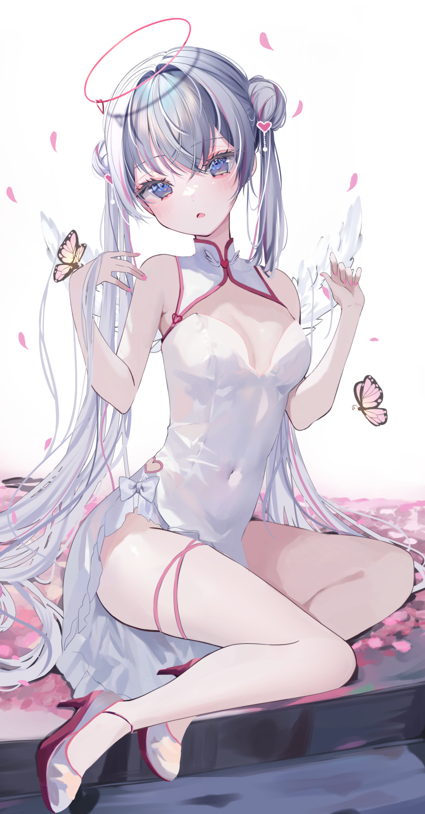 absurdres angel angel_wings bare_shoulders blue_eyes breasts bug butterfly cherry_blossoms china_dress chinese_clothes cleavage covered_navel dress female hair_ornament heart heart_hair_ornament highres moemoepiano original pink_butterfly pink_footwear thighs white_hair wings