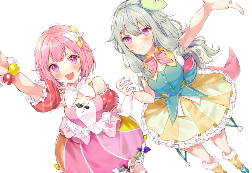 2girls :d arm_up bare_shoulders blue_footwear blue_shirt blush boots bow bowtie bracelet breasts closed_mouth csvakrj4bns9tmw detached_collar detached_sleeves dress dutch_angle frills gloves green_hair hair_ornament hairband hairbow highres holding_hands jewelry kusanagi_nene long_hair looking_at_viewer multiple_girls nail_polish ootori_emu open_mouth outstretched_arm pink_bow pink_bowtie pink_eyes pink_hair pink_skirt project_sekai puffy_short_sleeves puffy_sleeves purple_eyes shirt short_hair short_sleeves simple_background skirt sleeveless smile vest white_background white_gloves yellow_skirt