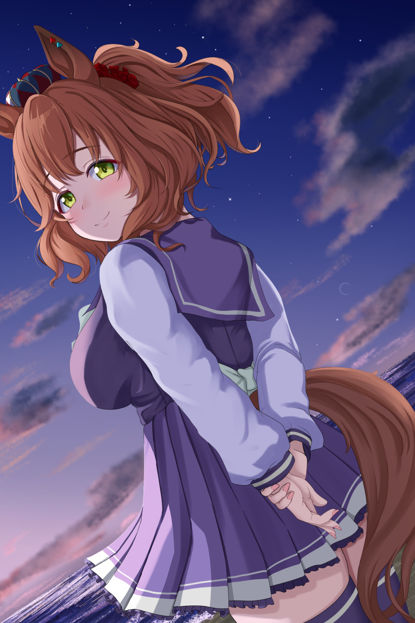 absurdres animal_ears arms_behind_back aston_machan_(umamusume) back_bow blush bow breasts brown_hair commentary_request cowboy_shot crown dutch_angle female from_behind hachi7515 highres holding_own_wrist horse_ears horse_girl horse_tail large_breasts long_sleeves looking_at_viewer looking_back medium_hair mini_crown ocean purple_serafuku purple_shirt purple_skirt red_scrunchie sailor_collar school_uniform scrunchie serafuku shirt side_ponytail skirt sky smile solo tail tail_through_clothes tracen_school_uniform umamusume water white_bow winter_uniform