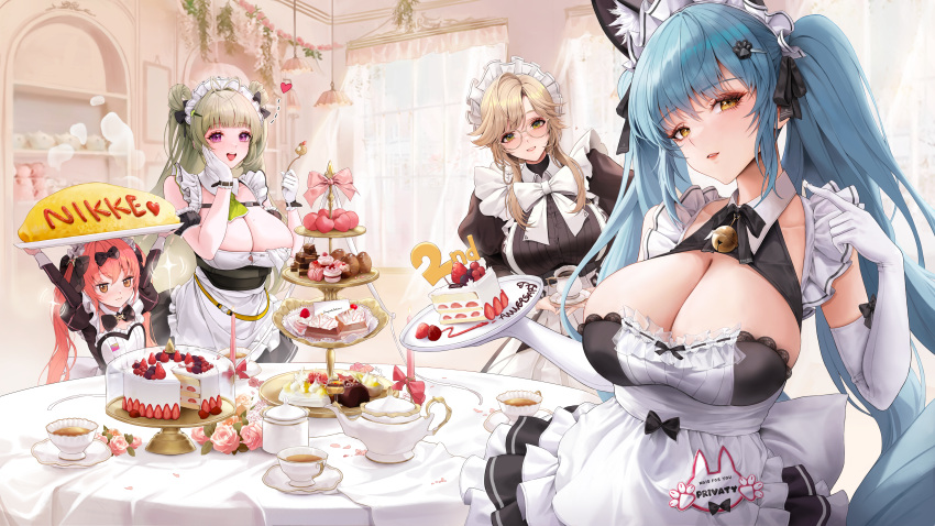 4girls absurdres ade_(nikke) animal_ear_fluff animal_ears anniversary apron arms_up black_bow black_dress blue_hair blush bow brown_eyes brown_hair cake cake_slice cake_stand cat_ears cocoa_(nikke) commentary cup dora_(garyeong) double_bun dress elbow_gloves fake_animal_ears food frilled_apron frills glasses gloves goddess_of_victory:_nikke green_eyes green_hair hair_bun hairbow highres holding holding_plate indoors juliet_sleeves long_hair long_sleeves looking_at_viewer maid maid_apron multiple_girls omelet omurice open_mouth plate privaty_(nikke) privaty_(unkind_maid)_(nikke) puffy_sleeves purple_eyes red_hair round_eyewear smile soda_(nikke) strawberry_cake teacup teapot twintails white_apron white_gloves white_headdress yellow_eyes