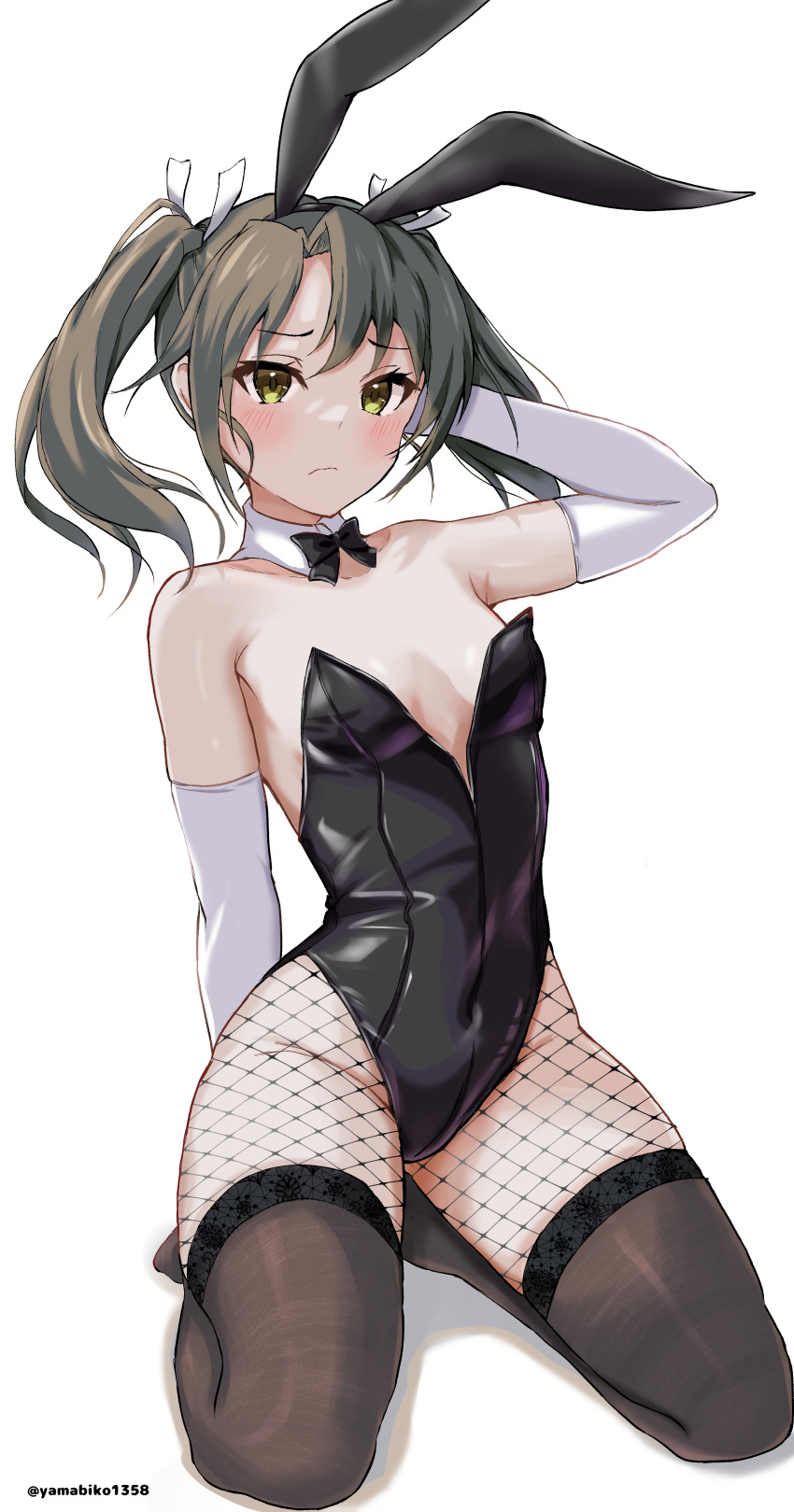 absurdres alternate_costume animal_ears black_bow black_bowtie black_leotard black_thighhighs bow bowtie breasts brown_eyes commentary detached_collar elbow_gloves female fishnet_pantyhose fishnets full_body gloves green_hair hair_ribbon highres kantai_collection leotard long_hair mizuki_(uzuki_no_sato) pantyhose playboy_bunny rabbit_ears ribbon simple_background small_breasts solo strapless strapless_leotard thighhighs twintails white_background white_gloves zuikaku_(kancolle)