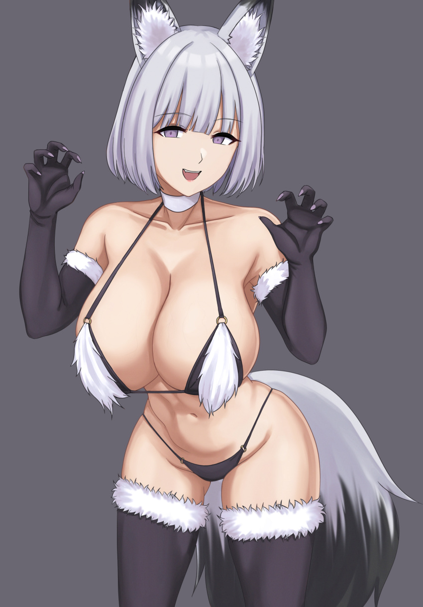 absurdres animal_ears bikini black_gloves breasts choker claws cleavage cowboy_shot cyka female fox_ears fox_tail fur-trimmed_bikini fur-trimmed_gloves fur_trim girls'_frontline gloves halloween highres large_breasts leaning_forward oerba_yun_fang open_mouth purple_eyes rpk-16_(girls'_frontline) simple_background smile swimsuit tail thighhighs