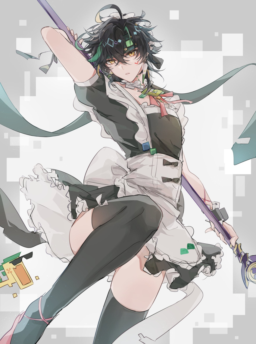 1boy ajaw_(genshin_impact) apron black_hair black_thighhighs earrings frilled_apron frills genshin_impact hair_between_eyes headband high_heels highres holding holding_polearm holding_weapon jewelry kinich_(genshin_impact) looking_at_viewer looklaba114514 maid maid_apron male_focus multicolored_hair otoko_no_ko polearm short_hair short_sleeves solo thighhighs weapon white_apron yellow_eyes