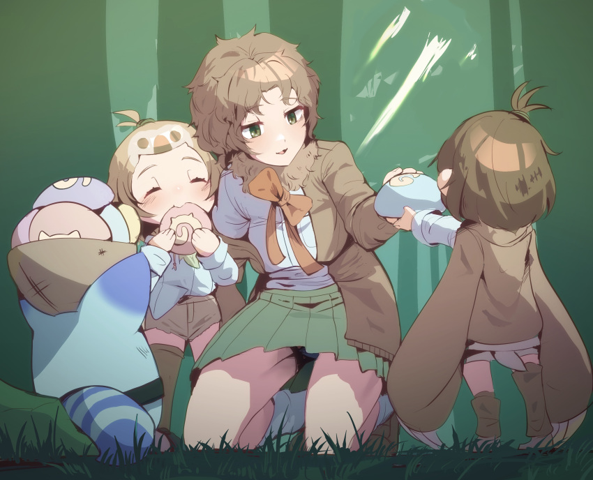 3girls aged_down blush bow bowtie brown_footwear brown_fur brown_hair brown_jacket brown_shorts brown_socks closed_eyes eating food forest fur_collar green_eyes green_skirt highres jacket jacket_on_shoulders japari_bun japari_symbol kemono_friends kneeling linnaeus's_two-toed_sloth_(kemono_friends) loafers lolicon long_sleeves loose_socks lucky_beast_(kemono_friends) multiple_girls nature orange_bow orange_bowtie pleated_skirt riri_(dgra3272) shirt shoes short_hair short_shorts shorts skirt sloth_girl socks white_shirt white_socks