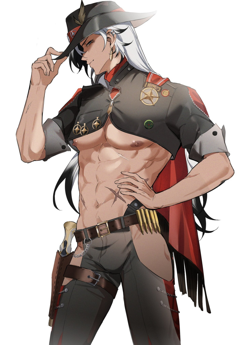 1boy abs adjusting_clothes adjusting_headwear arm_up bare_pectorals belt belt_buckle black_feathers black_hair black_hat black_pants boothill_(honkai:_star_rail) brown_belt buckle bullet cape closed_mouth clothing_cutout commentary ear_piercing earrings english_commentary feathers grey_eyes groin gun hand_on_own_hip hat highres holster holstered honkai:_star_rail honkai_(series) jewelry long_hair looking_at_viewer male_focus medal multicolored_hair multiple_earrings muscular muscular_male navel nipples pants pectorals piercing plume scar scar_on_chest short_sleeves shrug_(clothing) simple_background sleeve_cuffs smile solo thigh_holster weapon white_background white_hair yukaero4