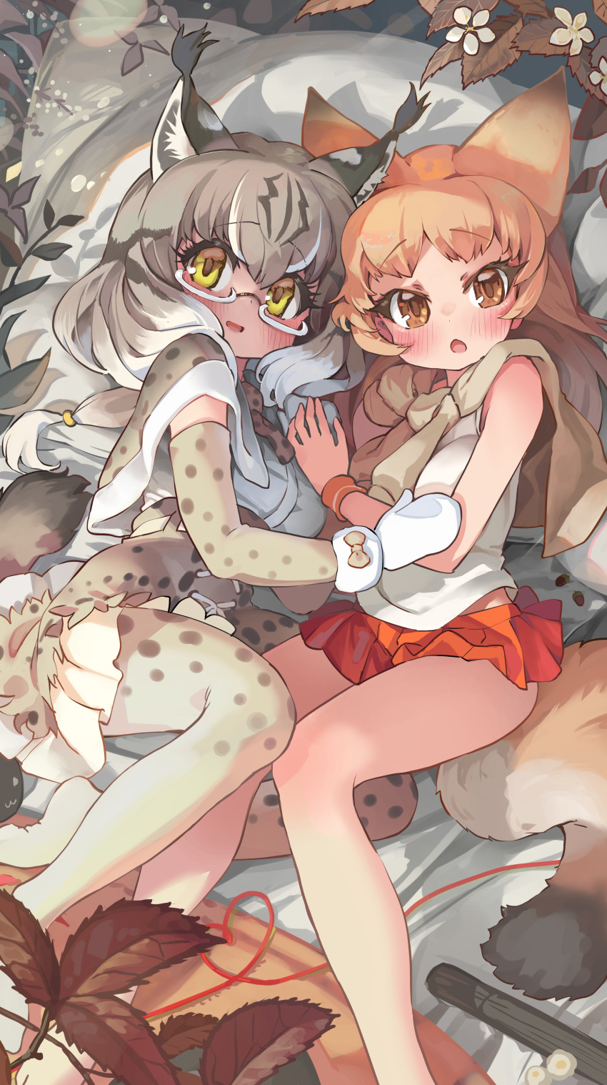 2girls absurdres animal_ears animal_print bare_legs bare_shoulders blush cat_ears cat_girl cat_print cat_tail curled_up elbow_gloves eurasian_lynx_(kemono_friends) fox_ears fox_girl fox_tail frilled_skirt frills fur_trim gloves grey_hair grey_pantyhose high-waist_skirt highres kemono_friends melaton midriff_peek mittens multicolored_hair multiple_girls no_shoes on_bed orange_eyes orange_hair orange_skirt pale_fox_(kemono_friends) pantyhose pleated_skirt print_capelet print_gloves print_pantyhose print_skirt semi-rimless_eyewear shirt short_hair sidelocks skirt sleeveless sweater_around_neck tail white-framed_eyewear white_fur white_mittens white_shirt yellow_eyes