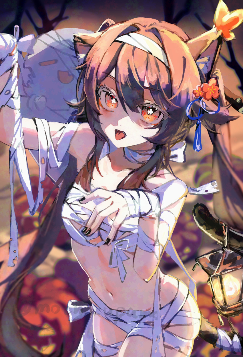 absurdres animal_ears bandage_on_hair bandaged_arm bandaged_chest bandages black_nails boo_tao_(genshin_impact) breasts brown_hair cat_ears cat_girl cat_tail commentary_request cowboy_shot female flower flower-shaped_pupils genshin_impact halloween halloween_costume hanging_lantern highres holding holding_with_tail hu_tao_(genshin_impact) lantern midriff mochi_upamo mummy_costume navel prehensile_tail red_eyes red_flower sidelocks solo symbol-shaped_pupils tail tongue tongue_out twintails