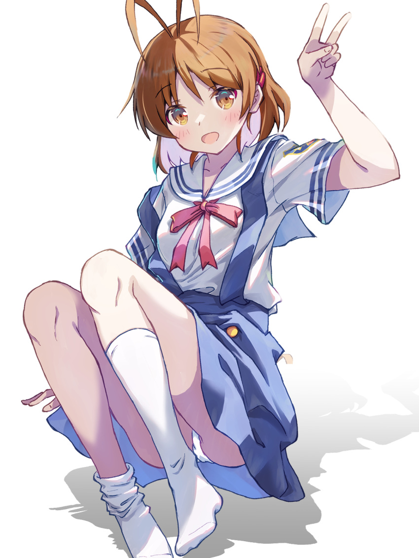 akayama_yukihe antenna_hair blush bow brown_eyes brown_hair clannad female furukawa_nagisa hair_ornament highres knees knees_up legs looking_at_viewer no_shoes open_mouth panties pantyshot sailor_collar school_uniform serafuku shadow shirt short_hair simple_background skirt smile socks solo underwear upskirt v white_background white_panties white_shirt white_socks