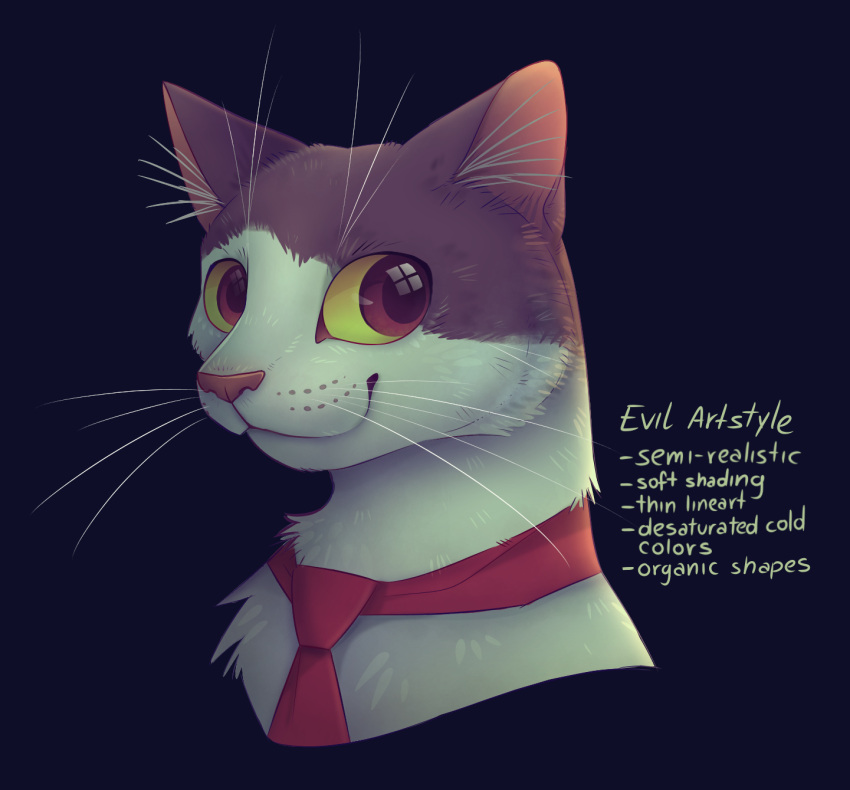 domestic_cat english_text felid feline felis feral fur glassshine hi_res inner_ear_fluff male mammal necktie smile solo steve_(glassshine) text tuft whiskers white_body white_fur