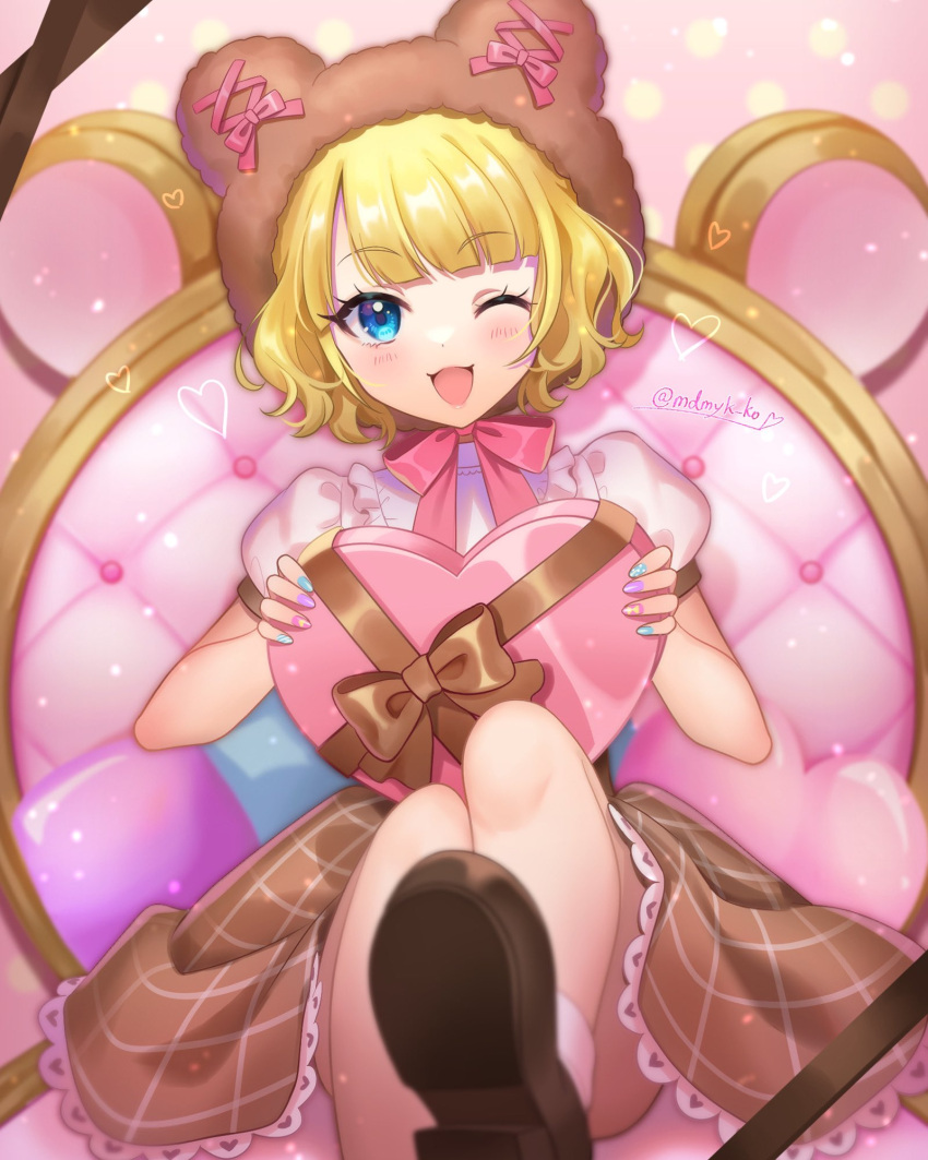 ;d bear_hat blonde_hair blue_eyes blunt_bangs box brown_footwear brown_headwear brown_skirt commentary_request cone_hair_bun double_bun female frilled_skirt frills hair_bun heart-shaped_box highres holding holding_box leg_up looking_at_viewer mendamen minami_mirei multicolored_nails nail_polish neck_ribbon on_chair one_eye_closed open_mouth pink_ribbon plaid plaid_skirt pretty_series pripara puffy_short_sleeves puffy_sleeves ribbon shoe_soles shoes short_hair short_sleeves sitting sitting_on_throne skirt smile solo throne valentine