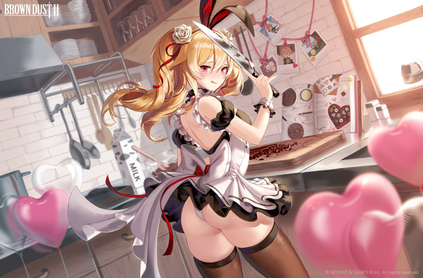 animal_ears ass balloon black_dress blonde_hair blush bowl breasts brown_dust_2 brown_thighhighs chibi cookbook cooking_pot copyright_name cupboard cutting_board dress emoji fake_animal_ears feet_out_of_frame female flower frilled_dress frilled_wrist_cuffs frills from_behind frying_pan glass gray_(brown_dust) hair_between_eyes hair_flower hair_ornament heart_balloon highres holding holding_knife indoors kitchen kitchen_knife knife ladle liatris_(brown_dust) licking_lips looking_at_viewer looking_back medium_breasts medium_hair milk_carton official_art picture_frame pink_eyes plate rabbit_ears salt_shaker second-party_source short_twintails silence_girl skindentation solo spoon standing stove thighhighs tongue tongue_out twintails two-tone_dress white_dress window window_shadow wrist_cuffs